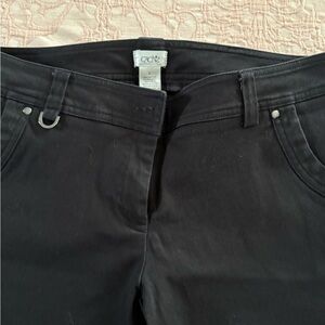 Cache High Rise Black Jeans size 6 cross‎ straps ankle waist 30 x 22 inseam